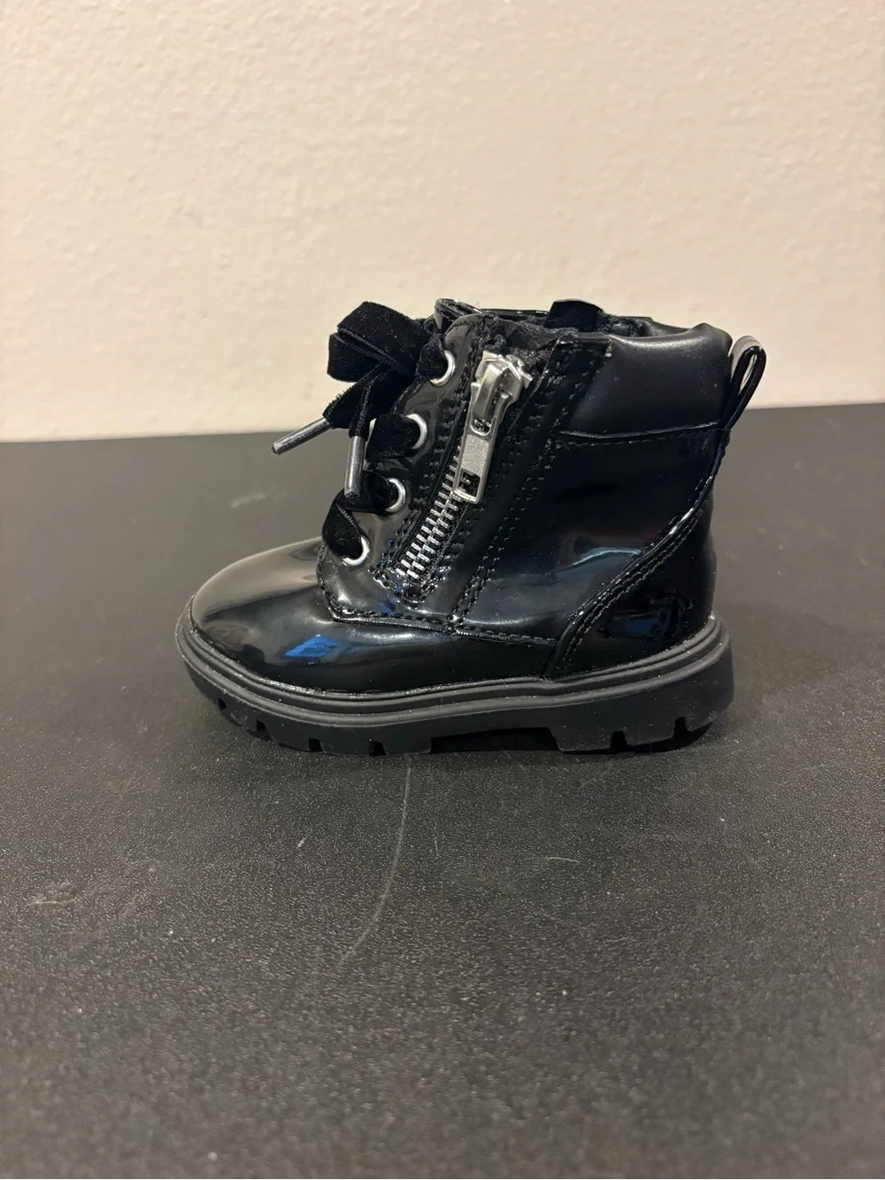 Wonder Nation Girls Boots Infant Size 4 Black Patent Leather Sparkle Zipper